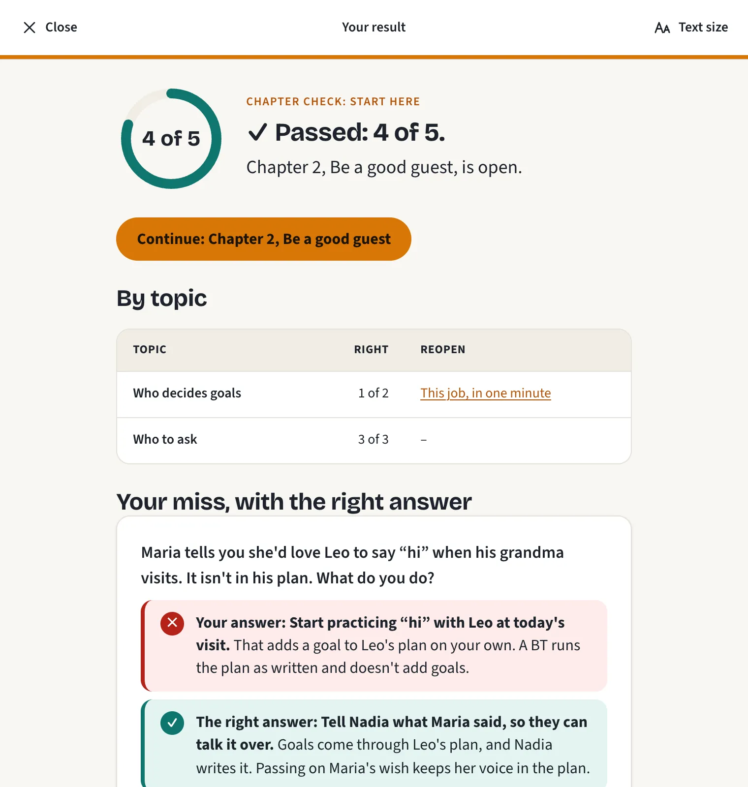 Chapter check result: Passed, 4 of 5, with a table by topic, then the one miss shown with the learner’s answer and the right answer, each with why.