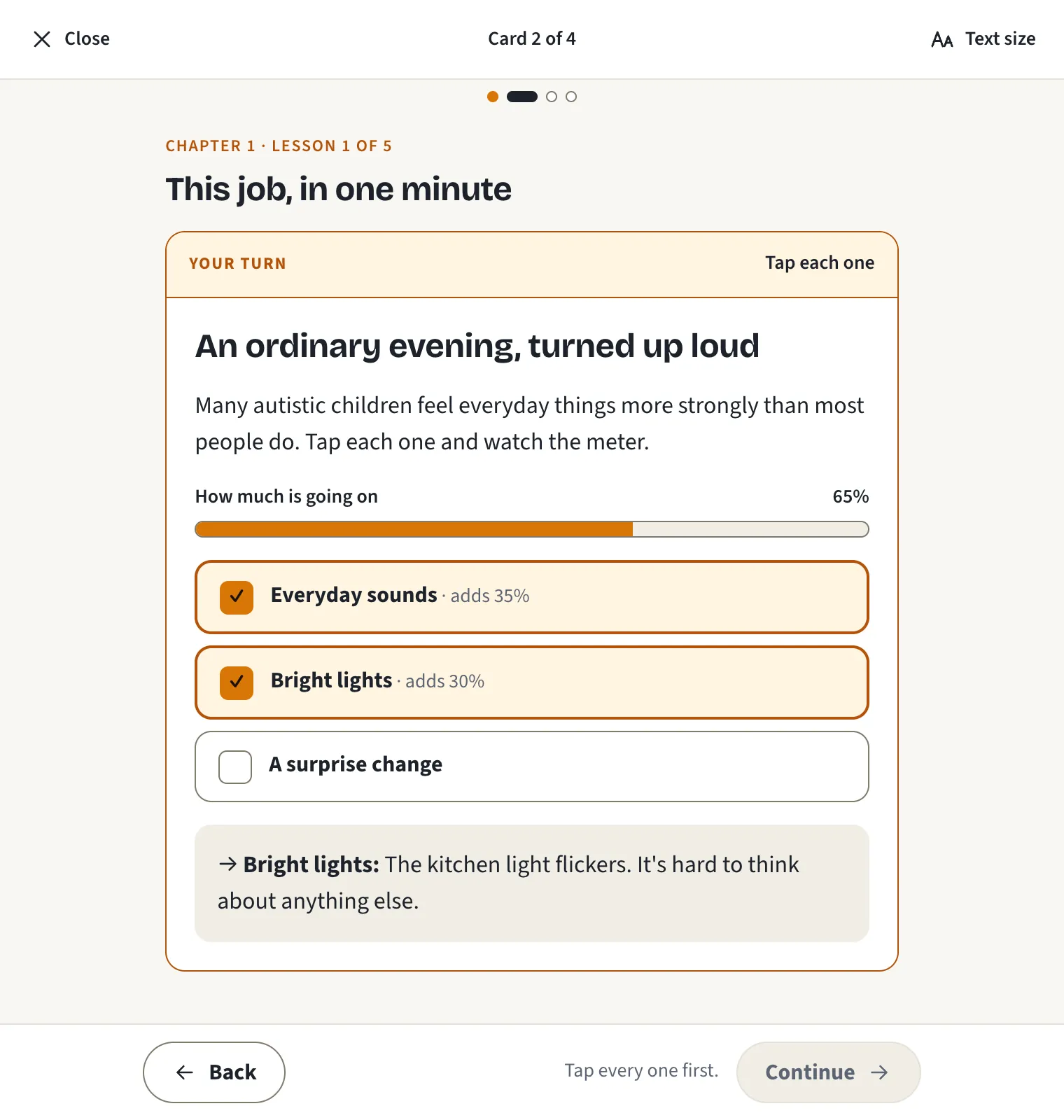 The lesson player, chapter 1, card 2 of 4: An ordinary evening, turned up loud. Everyday sounds and bright lights are tapped, and a meter of how much is going on fills to 65 percent.