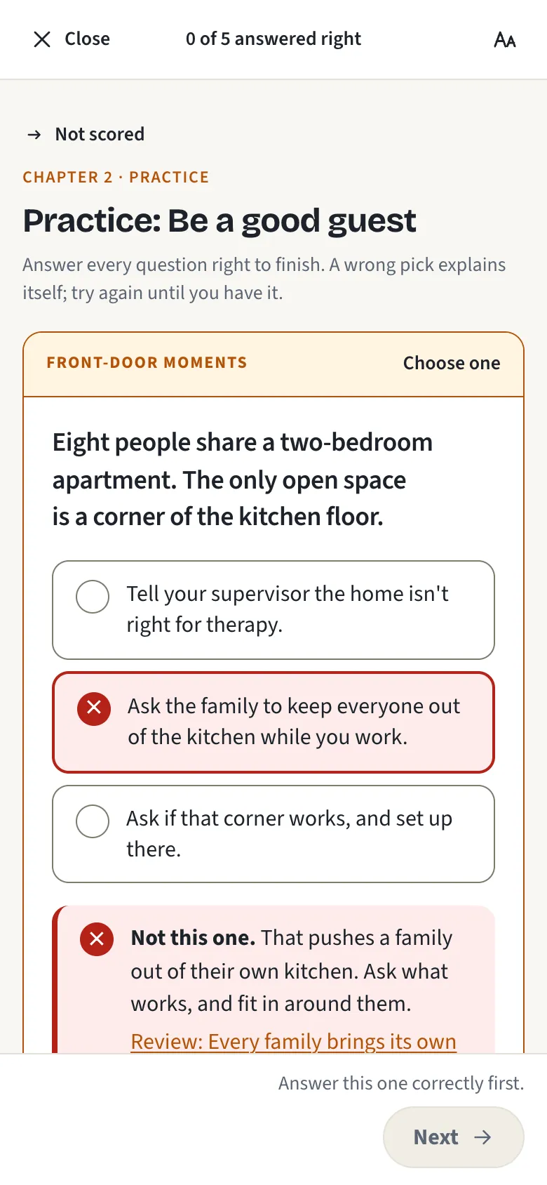 Practice on a phone, chapter 2, not scored: eight people share a two-bedroom apartment, and a corner of the kitchen floor is all the open space there is. The learner picked asking the family to keep everyone out of the kitchen; it is marked not this one, with why and a link to review.