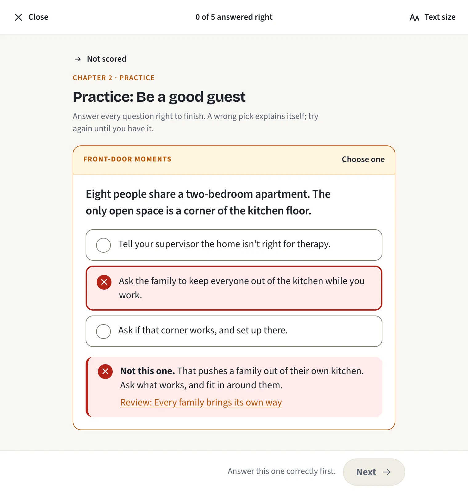 Practice, chapter 2, not scored: a wrong pick is marked not this one, with what it costs the family and a link to review.