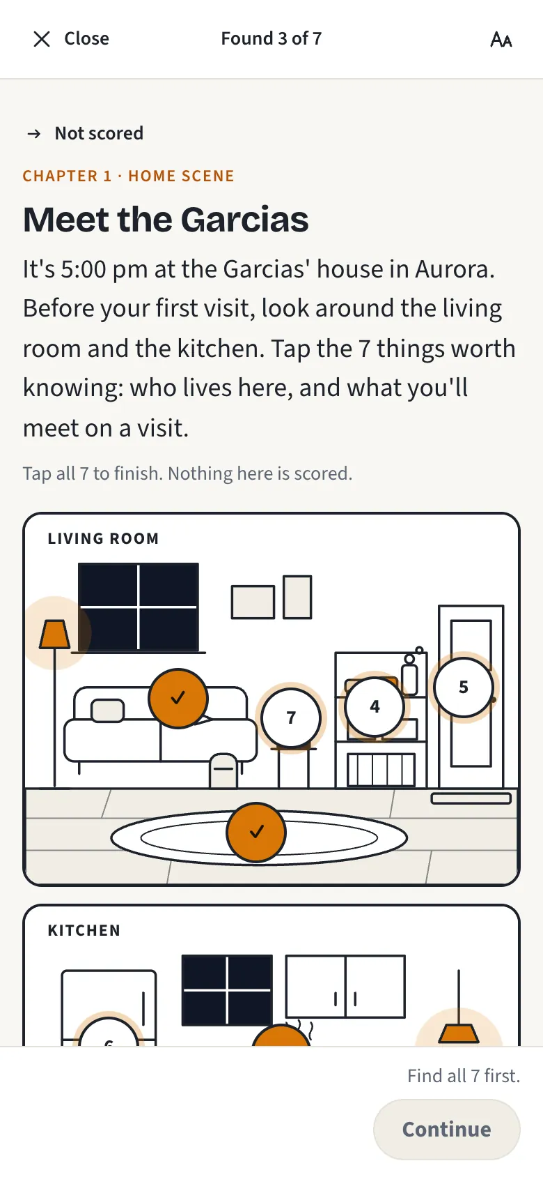 A home scene on a phone, chapter 1, Meet the Garcias: a line drawing of the living room and the kitchen with numbered spots to tap. Three of seven found so far: Leo, Maria and Mateo.