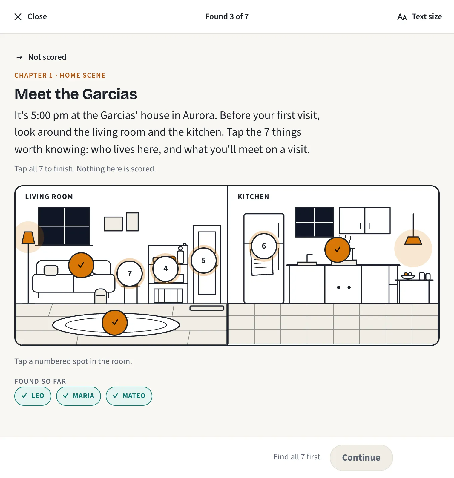 Home scene, chapter 1, Meet the Garcias: a line drawing of the living room and kitchen with numbered spots; Leo, Maria and Mateo found so far.
