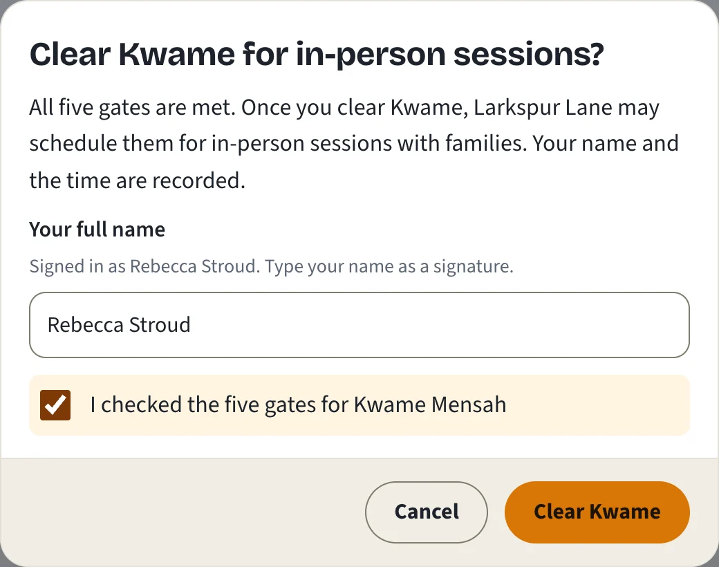 The dialog a person sees before clearing a new hire: Clear Kwame for in-person sessions? All five gates are met. Your full name, typed as a signature: Rebecca Stroud. A box ticked: I checked the five gates for Kwame Mensah. Buttons: Cancel, and Clear Kwame.