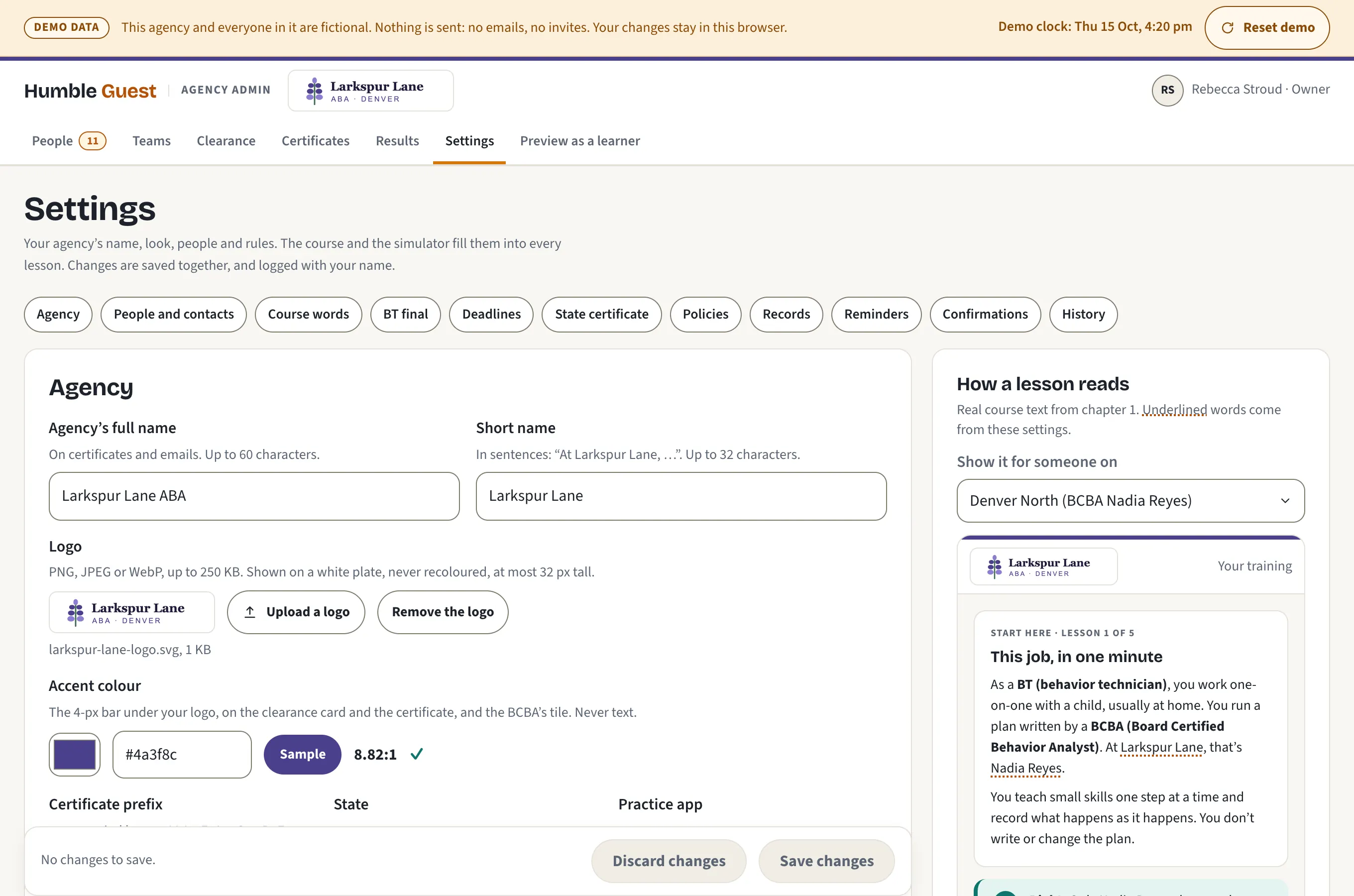 The Settings screen: the agency’s full name and short name, its logo, its accent color with a contrast check, and a preview of how a lesson reads with those settings.